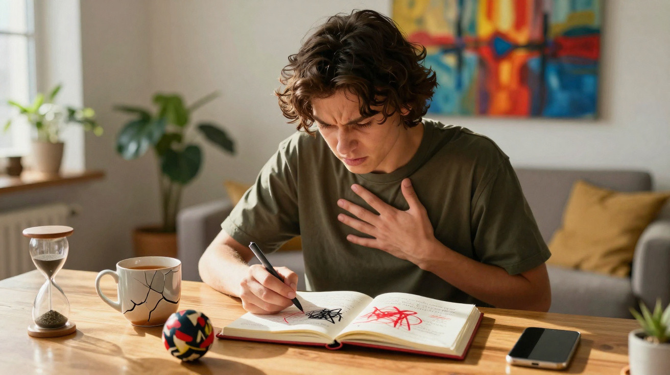 Jovem irritado a rabiscar num caderno enquanto segura o peito, sentado à mesa com objetos ao redor.