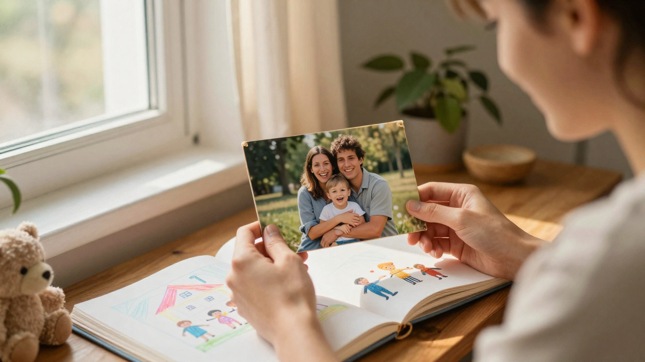 Pessoa a segurar uma fotografia de família sorridente junto a um álbum de desenhos infantis numa mesa junto à janela.