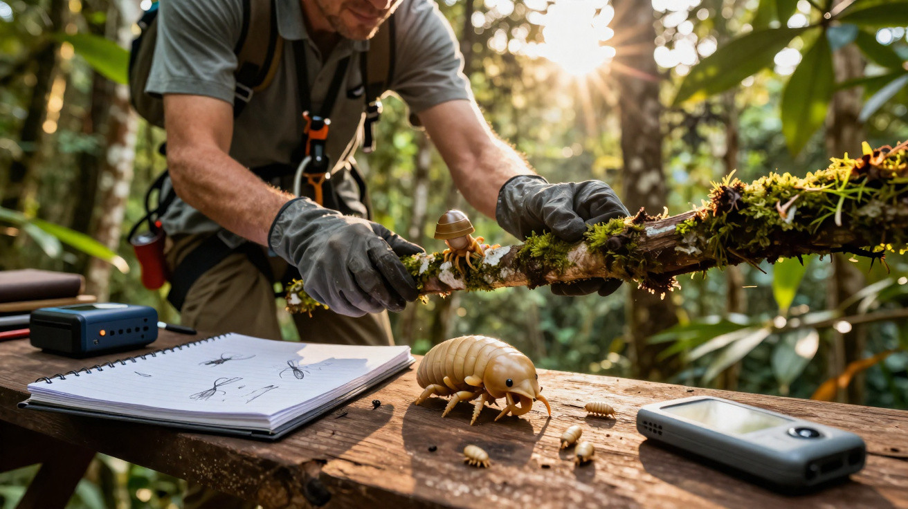 Investigador a estudar insetos numa floresta, com caderno de notas e equipamentos numa mesa de madeira.