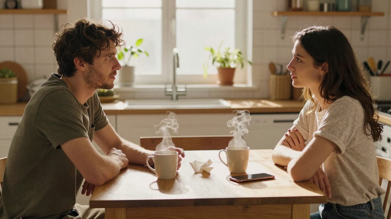 Homem e mulher sentados numa cozinha a conversar com duas canecas de café quente sobre a mesa.