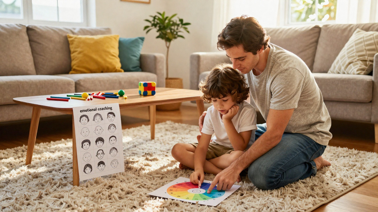Pai e filho sentados no chão da sala, a explorar juntos uma roda das emoções colorida.