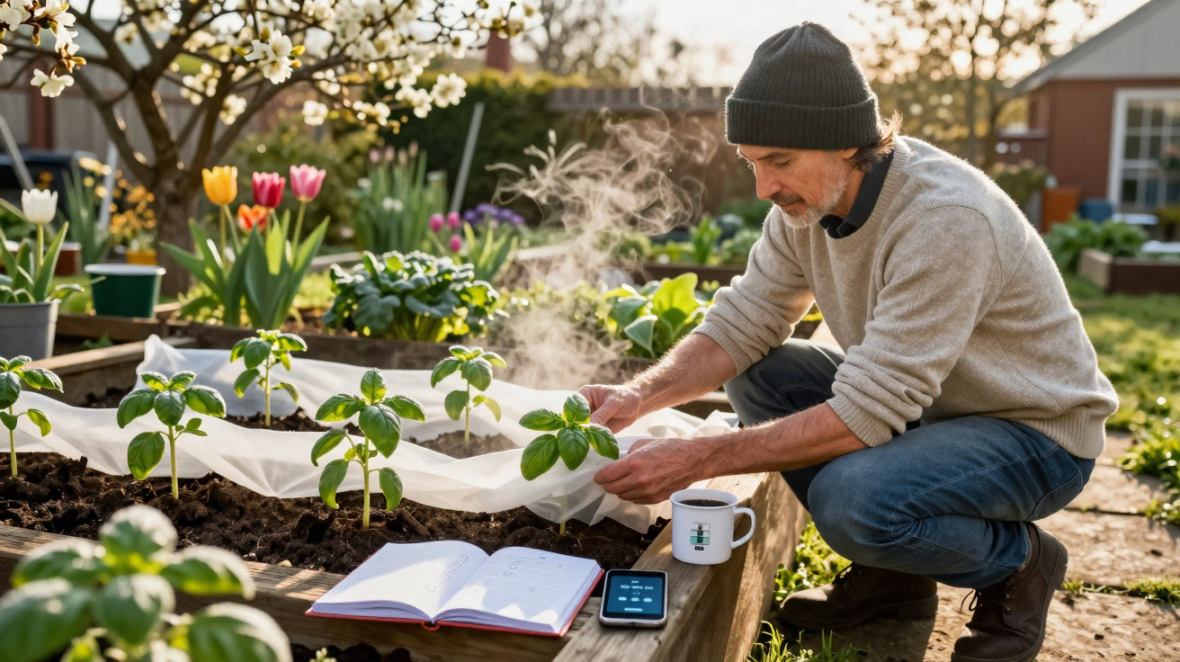 Homem a cuidar de plantas numa horta com chá quente, livro e telemóvel ao lado num dia soalheiro de primavera.