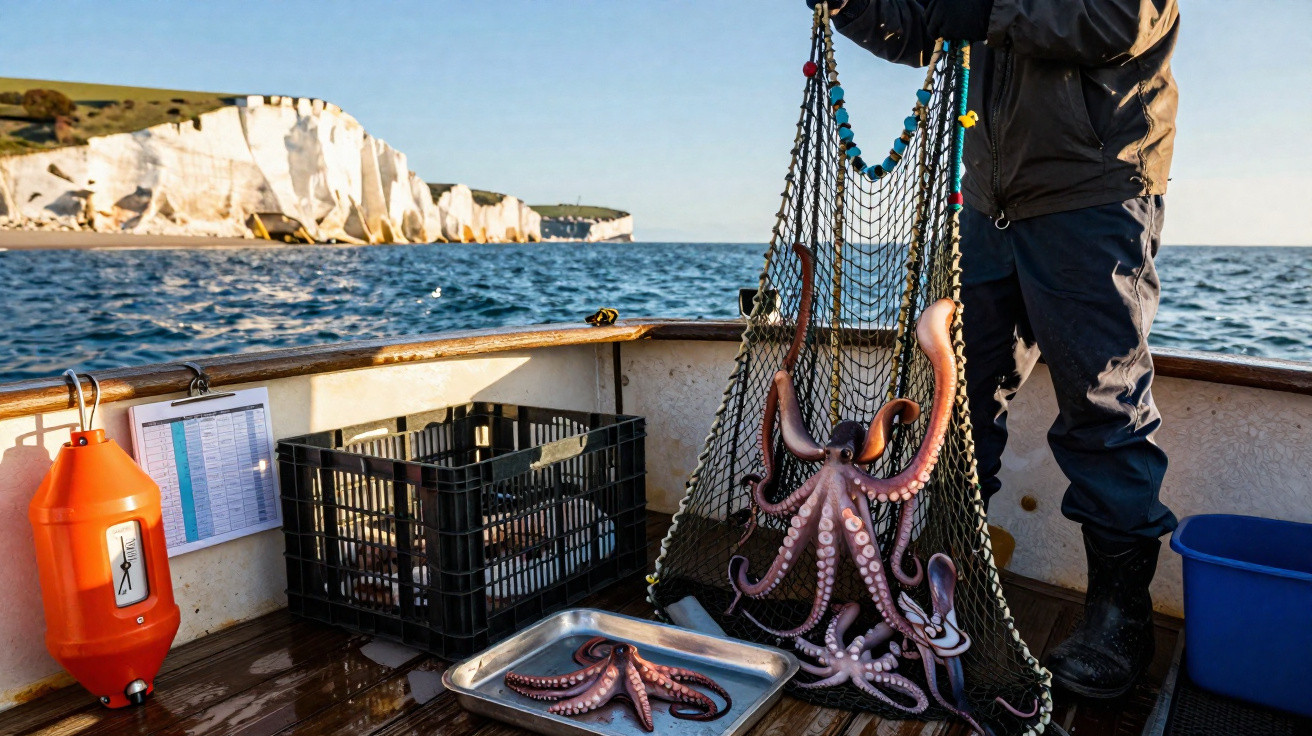 Pescador a bordo de barco a recolher polvo numa rede, com falésias brancas ao fundo e mar calmo.