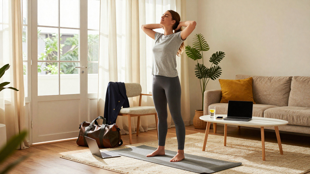 Mulher a alongar-se numa sala iluminada, em cima de um tapete de yoga, com laptop e acessórios perto.