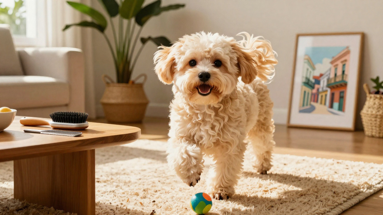 Cão pequeno e fofo de pelo encaracolado a brincar com uma bola colorida numa sala iluminada.