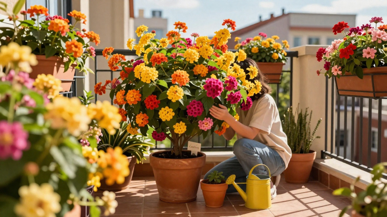 Pessoa a cuidar de flores coloridas em vaso grande numa varanda ensolarada com vários vasos e regador amarelo.