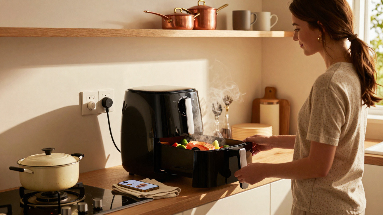 Mulher a retirar alimentos cozinhados numa fritadeira elétrica numa cozinha iluminada pelo sol.