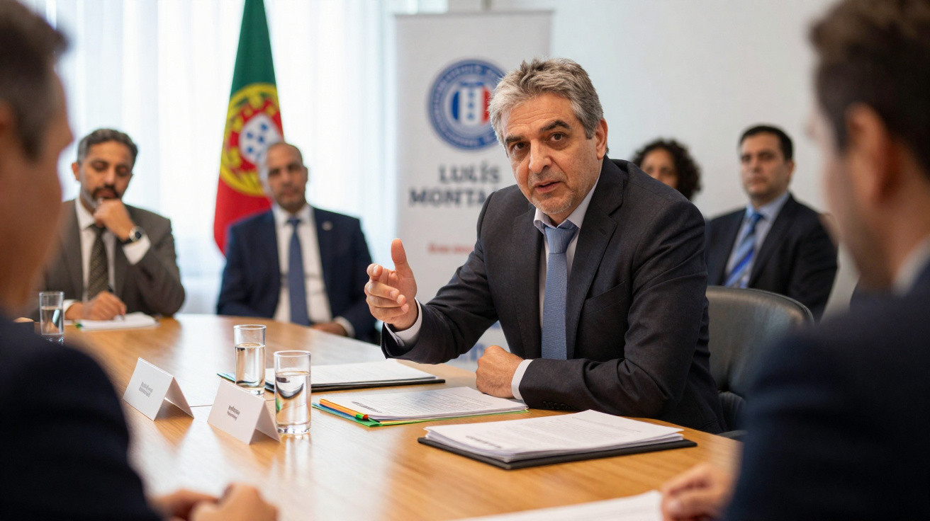 Homem de negócios a falar numa reunião formal com colegas, bandeira de Portugal ao fundo.