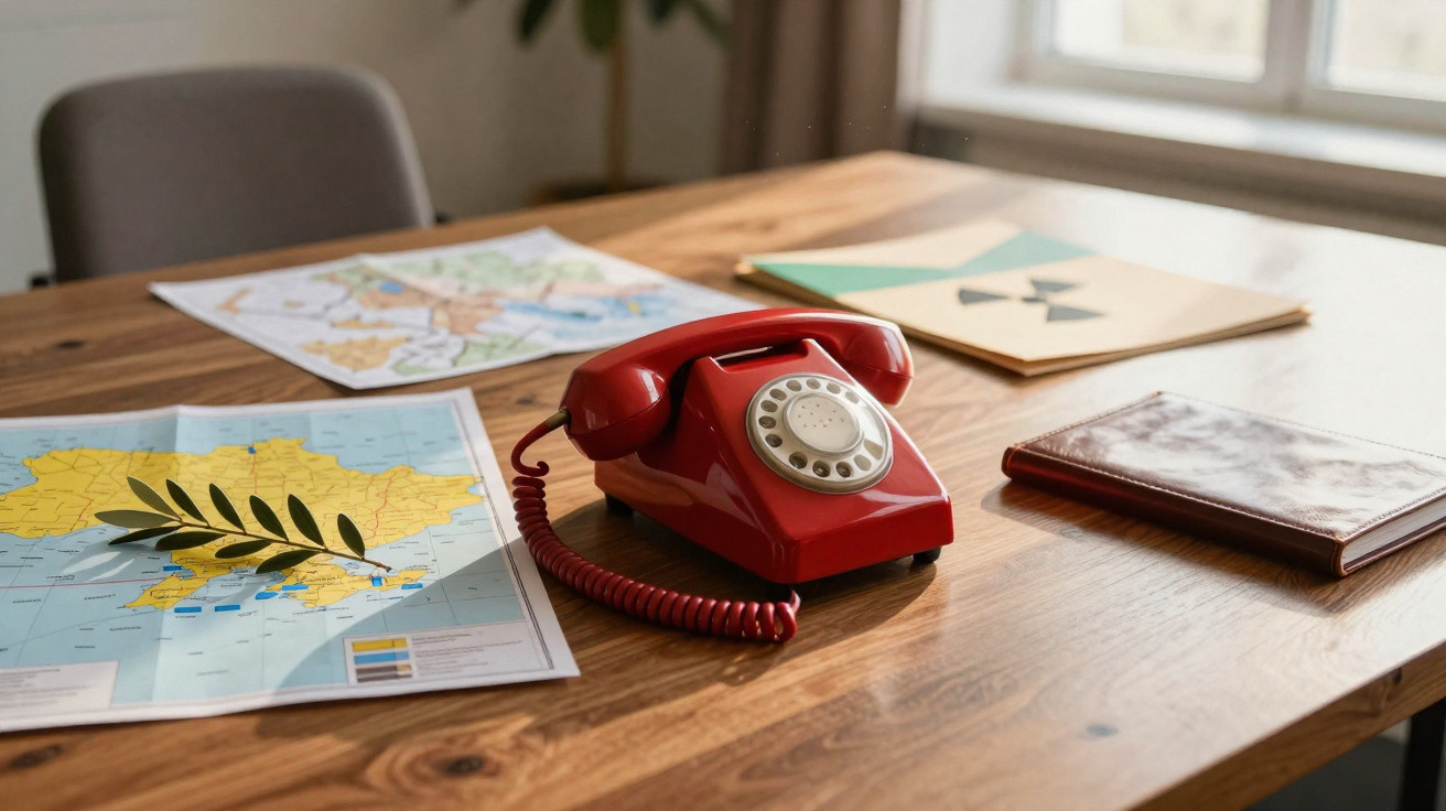 Telefone vermelho antigo de discagem sobre mesa de madeira com mapas e cadernos ao fundo.