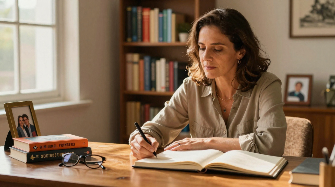 Mulher sentada a escrever num caderno aberto numa mesa com livros e óculos perto de uma janela iluminada.