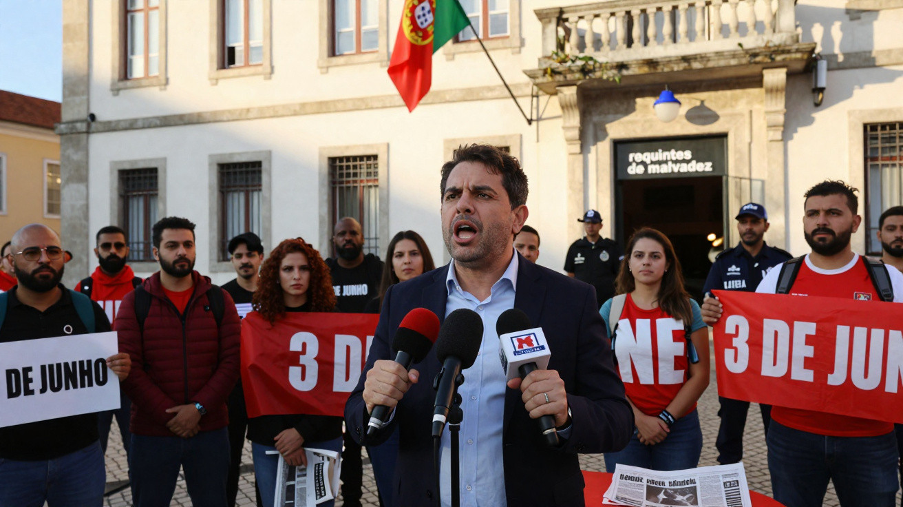 Homem com microfones a falar numa manifestação com grupo a segurar cartazes do 3 de Junho em Portugal.