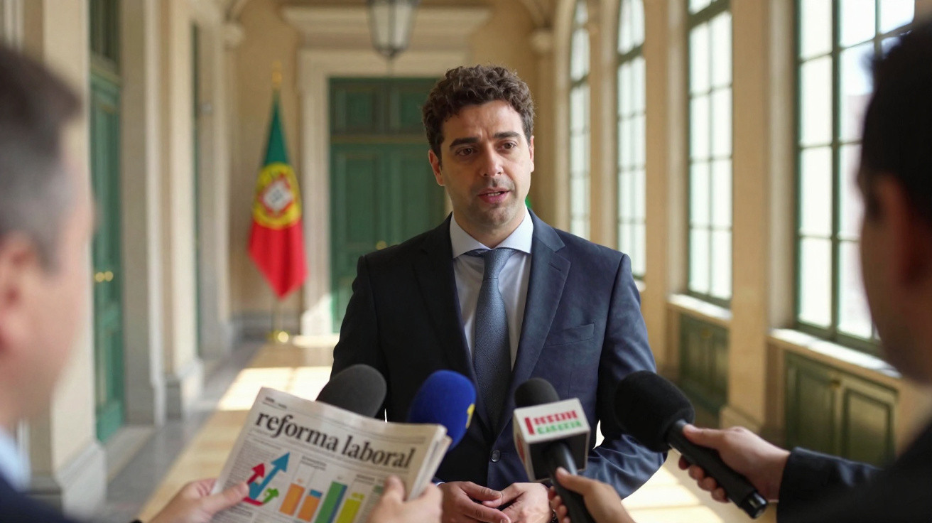 Homem de fato a responder a jornalistas com microfones e jornal sobre reforma laboral, bandeira de Portugal ao fundo.