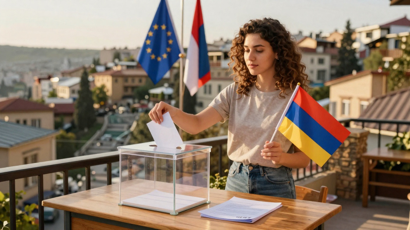 Mulher jovem a votar numa urna transparente segurando bandeira da Arménia num espaço ao ar livre.