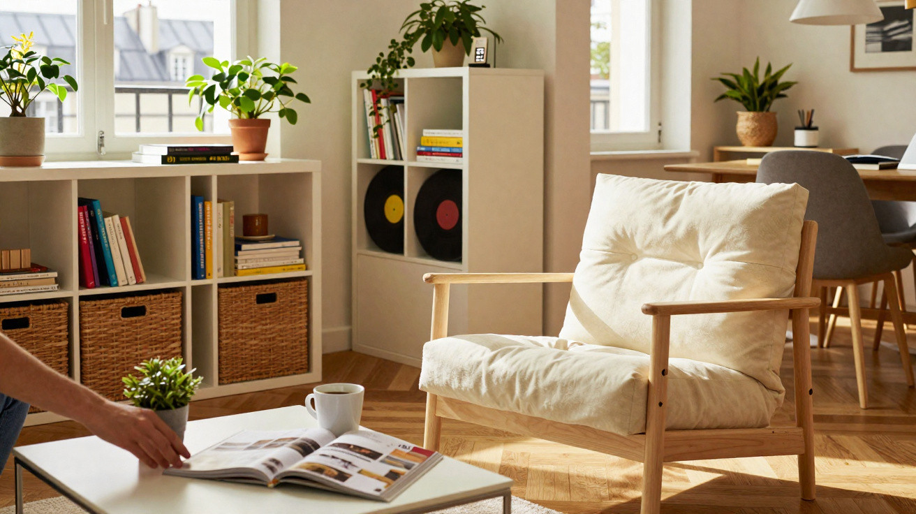 Sala de estar iluminada com cadeira confortável, estantes, plantas e mesa com revista e chávena.