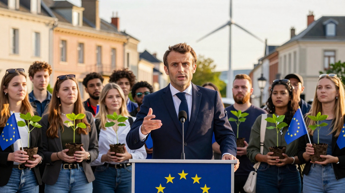 Homem em fato a discursar, rodeado por jovens com plantas e bandeiras da União Europeia numa rua urbana.