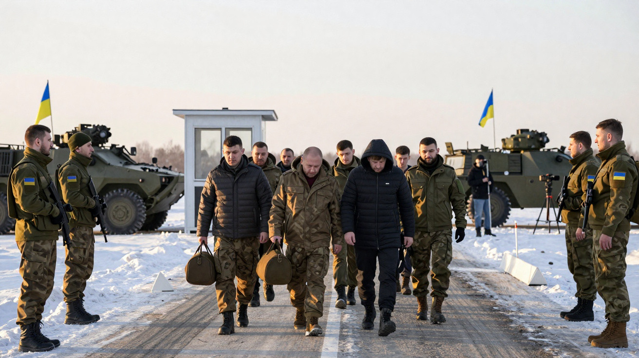 Soldados ucranianos escoltando prisioneiros, com veículos militares e bandeiras da Ucrânia ao fundo na neve.