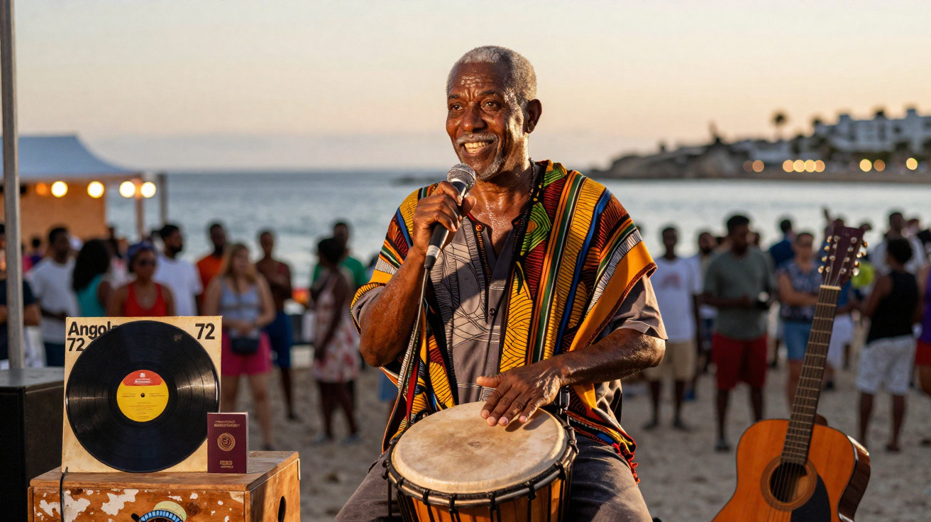 Homem a tocar tambor e cantar na praia ao pôr do sol, com público e instrumentos ao fundo.