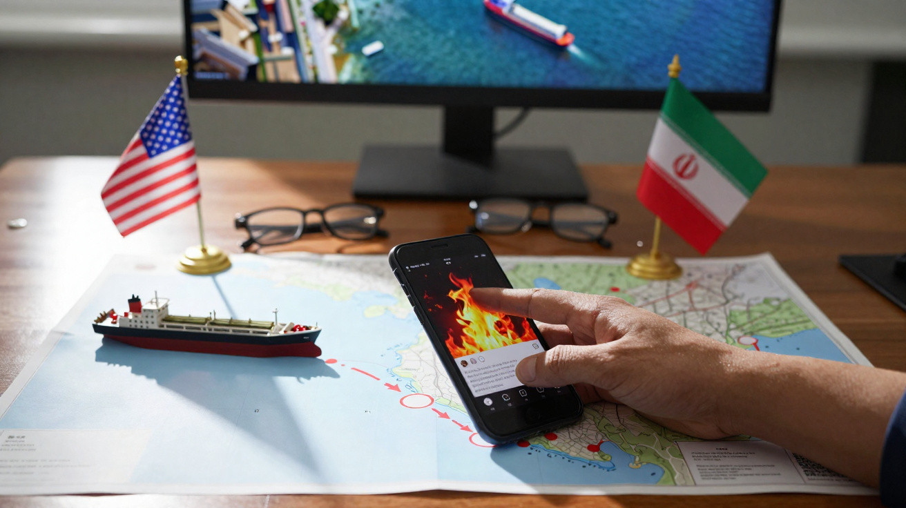 Mão segura telemóvel com imagem de fogo sobre mapa com bandeiras dos EUA e Irão e modelo de navio.