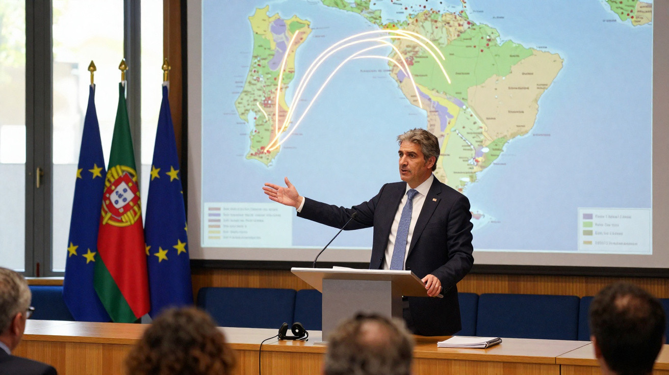 Homem fala num pódio com mapa de rotas e bandeiras da União Europeia e de Portugal ao fundo.