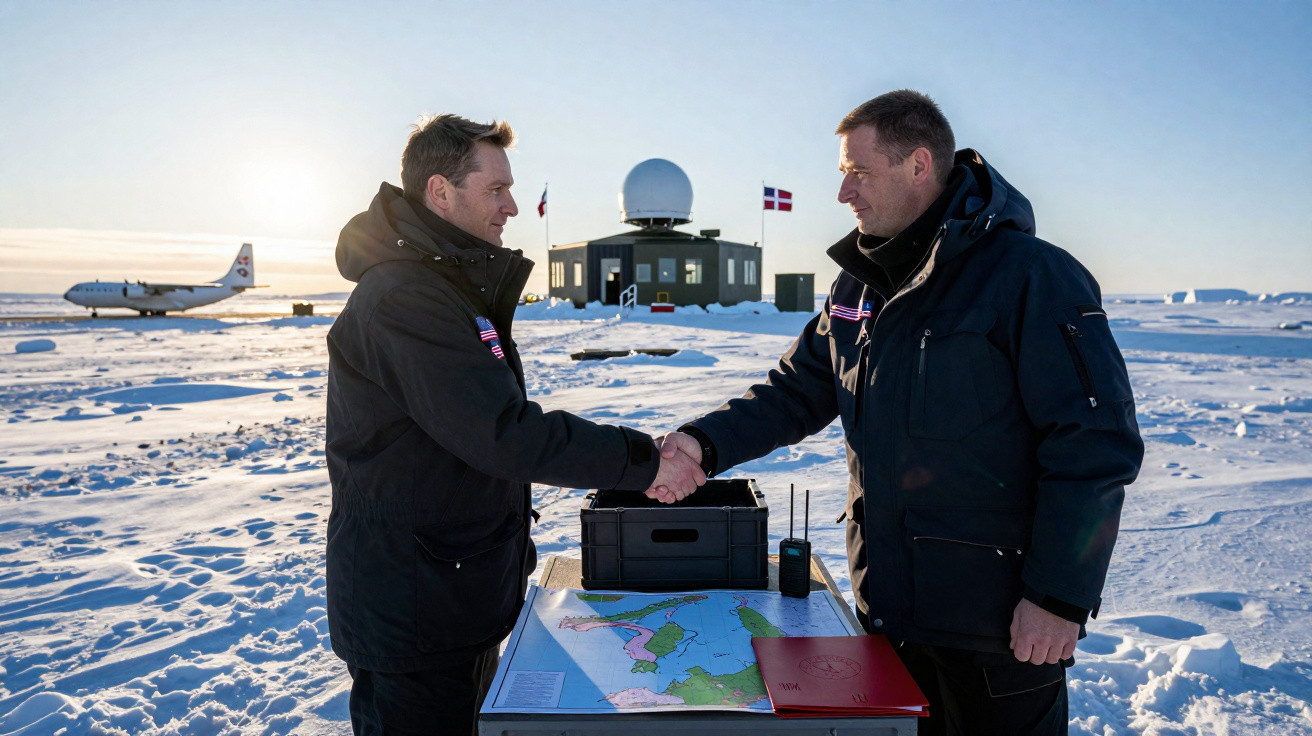 Dois homens com casacos pesados apertam as mãos numa estação polar com mapa sobre a mesa e avião ao fundo.