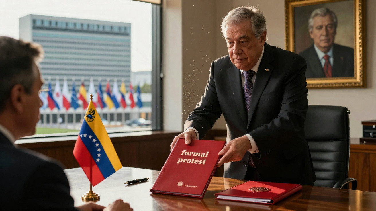 Homem de fato entrega documento vermelho intitulado "formal protest" numa sala com bandeira da Venezuela.