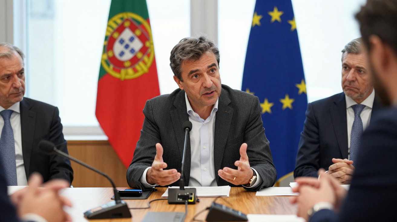 Homem fala em reunião formal com bandeiras de Portugal e da União Europeia ao fundo.