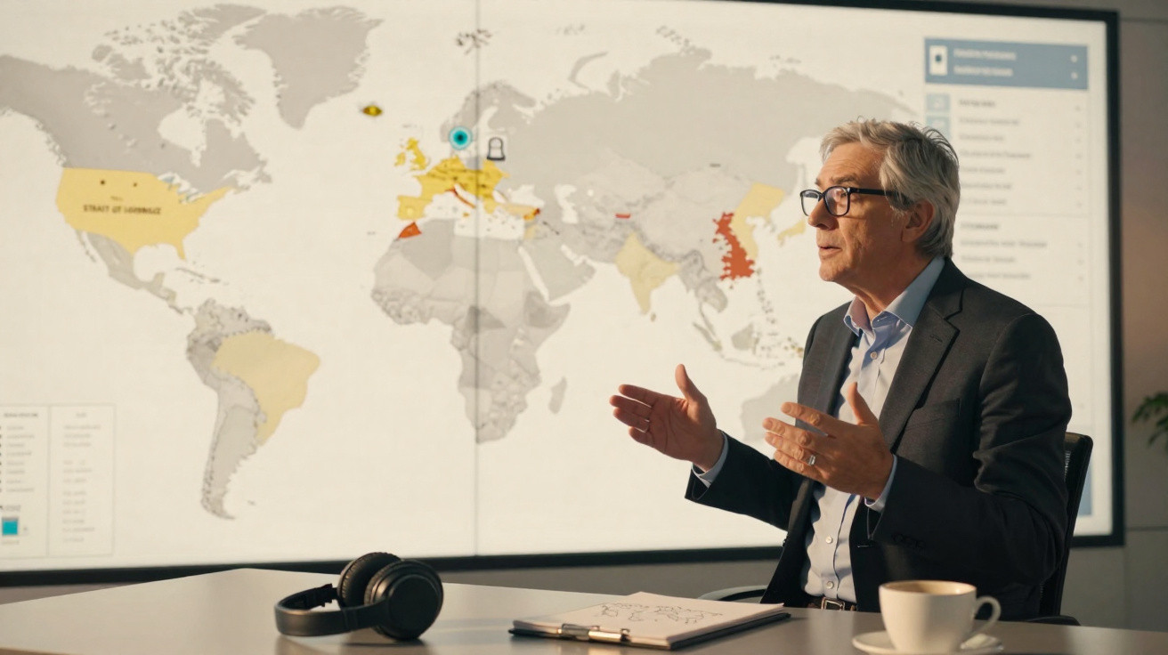 Homem idoso com óculos a explicar dados numa apresentação com mapa-mundo projeta ao fundo.