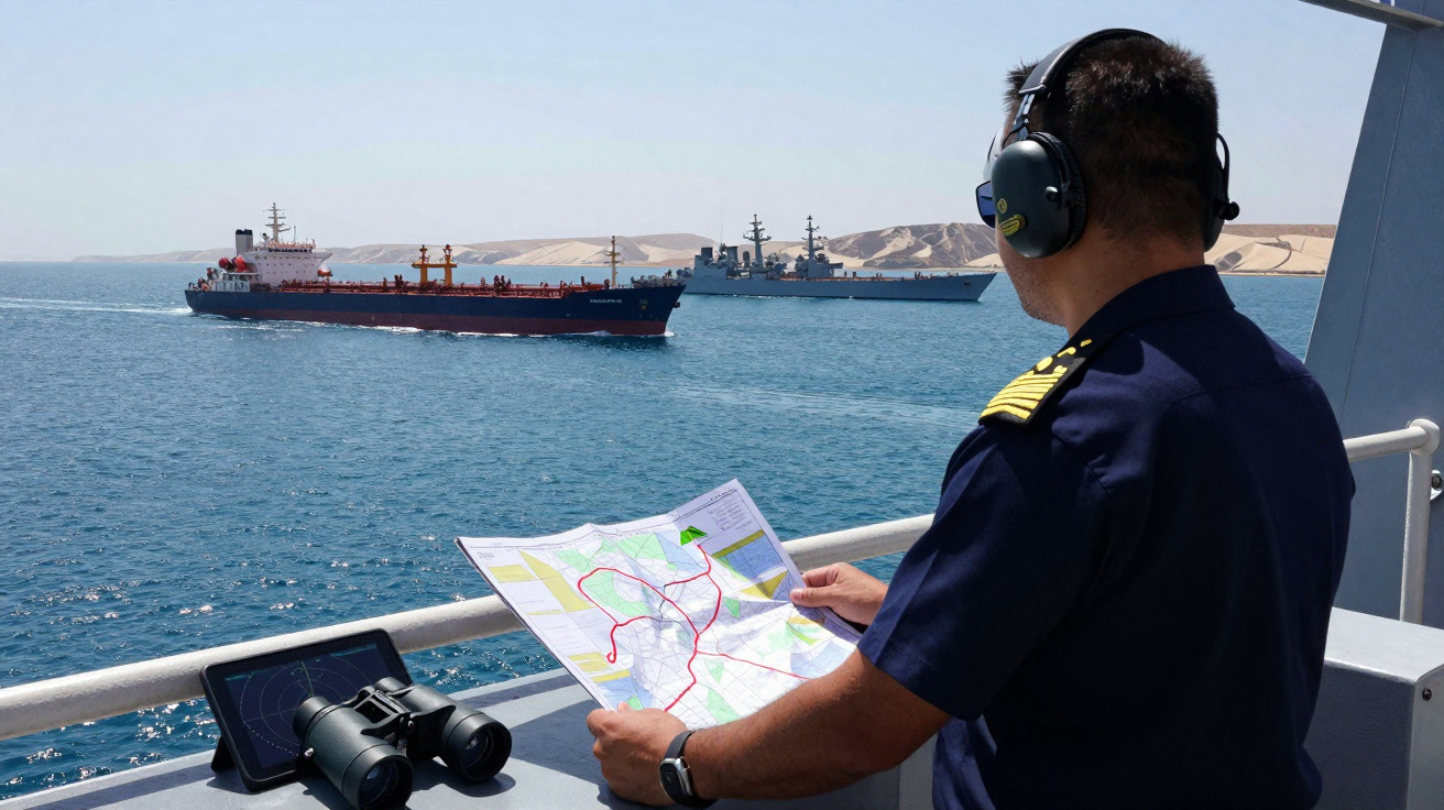 Homem com fones a consultar mapa num navio, com dois navios visíveis no mar e dunas ao fundo.