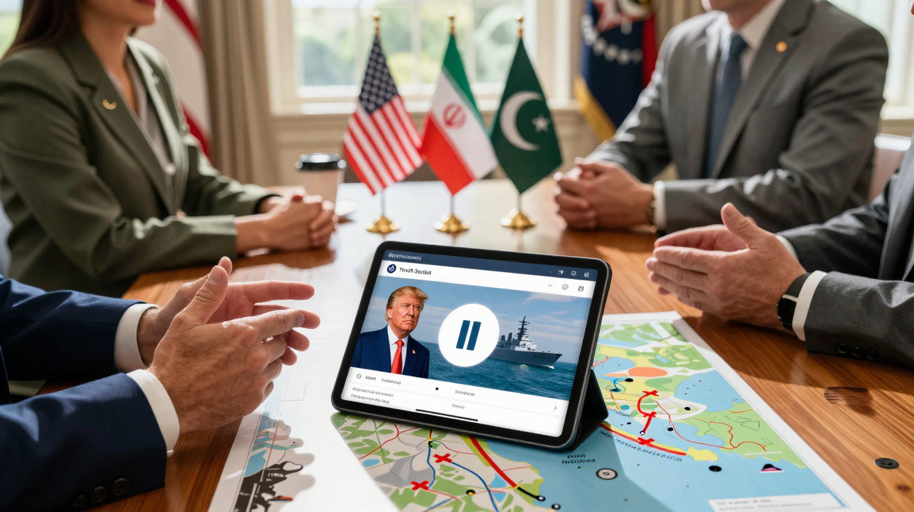 Reunião diplomática com tablet a mostrar vídeo de um político e mapas sobre a mesa com bandeiras de Estados Unidos, Irão e Pa