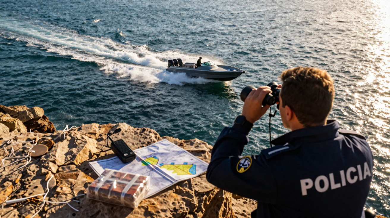 Polícia observa bote rápido no mar com binóculos numa costa rochosa ao pôr do sol.