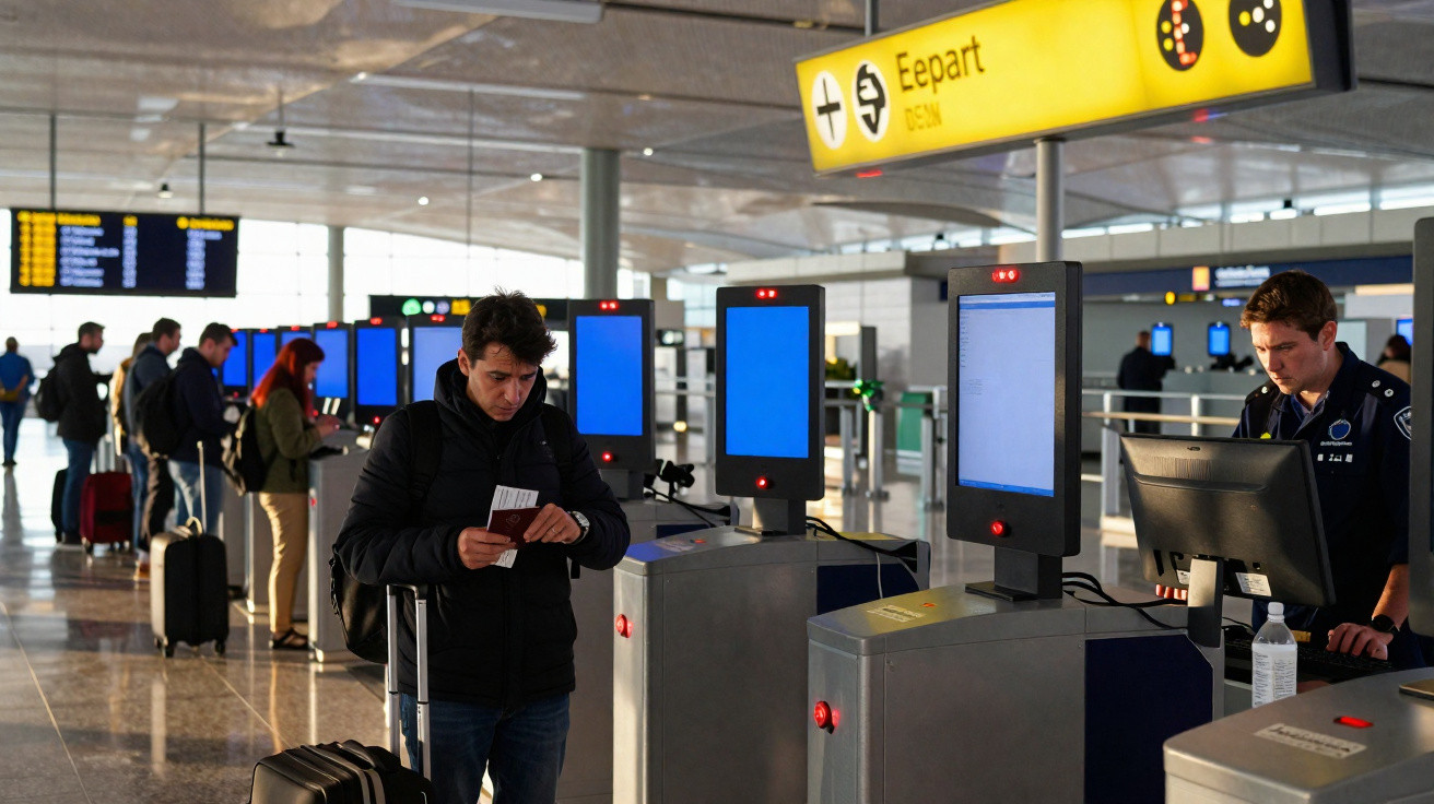 Passageiros na fila a passar por controlo de segurança no aeroporto, com funcionário a verificar documentos.