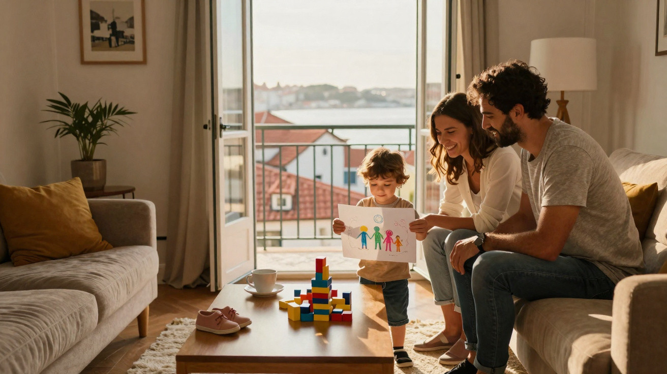 Criança mostra desenho para pais numa sala iluminada com vista para rio ao fundo.
