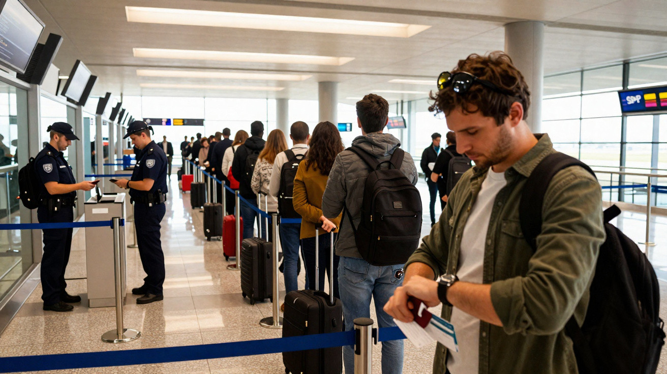 Fila de passageiros com bagagens a ser inspecionada por seguranças num aeroporto moderno e bem iluminado.