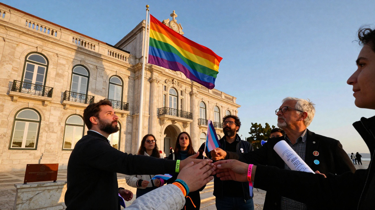 Grupo de pessoas reúne-se em frente a edifício com bandeira arco-íris para apoiar direitos LGBTQ+ ao pôr do sol.