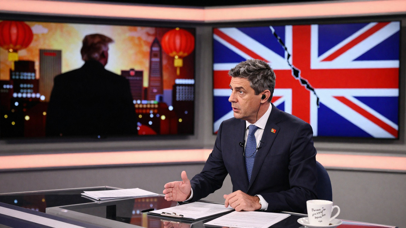 Homem em estúdio de televisão a falar, com ecrãs atrás mostrando Donald Trump e bandeira do Reino Unido riscada.