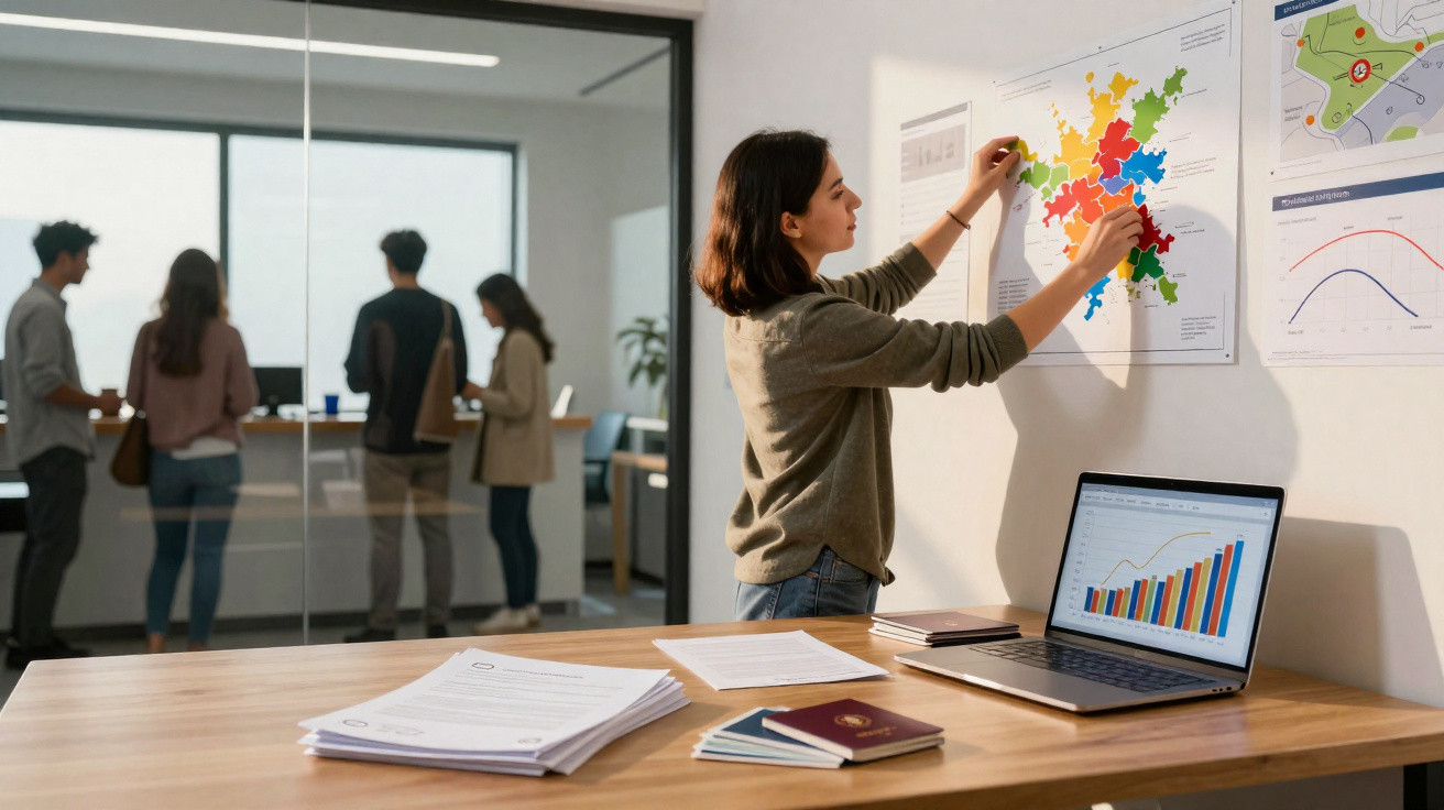 Mulher a trabalhar com mapas e gráficos numa parede, enquanto grupo conversa atrás de vidro numa sala.