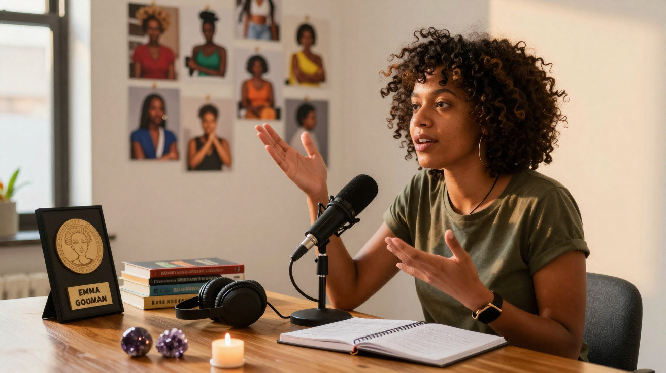 Mulher negra a gravar podcast num estúdio com livros, microfone e vela acesa numa mesa de madeira.