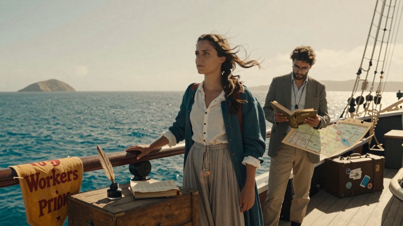 Mulher e homem em convés de navio com livros e mapa, mar e ilha ao fundo num cenário vintage.