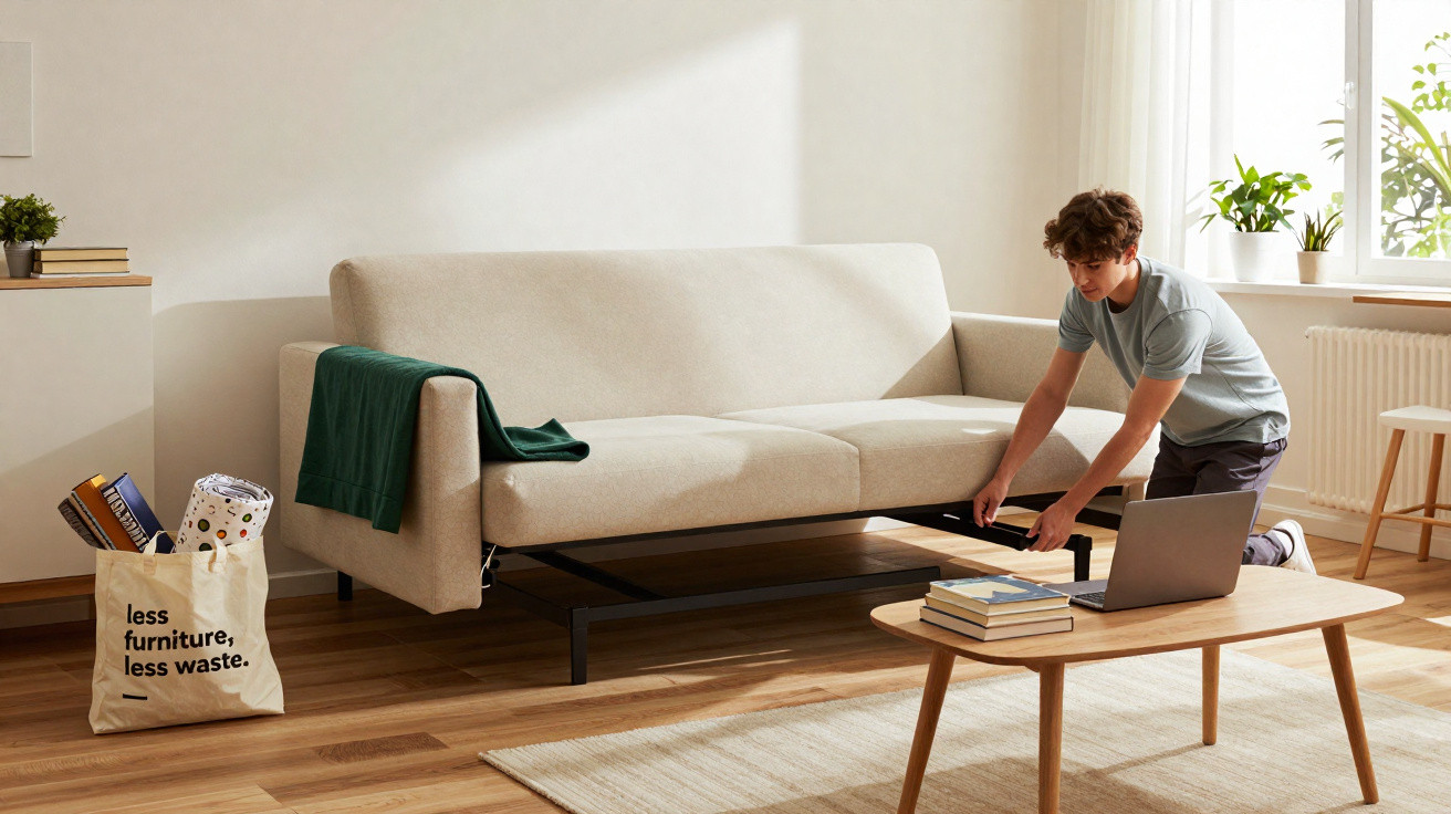 Jovem ajusta sofá-cama na sala luminosa com mesa, laptop, livros e planta junto à janela.