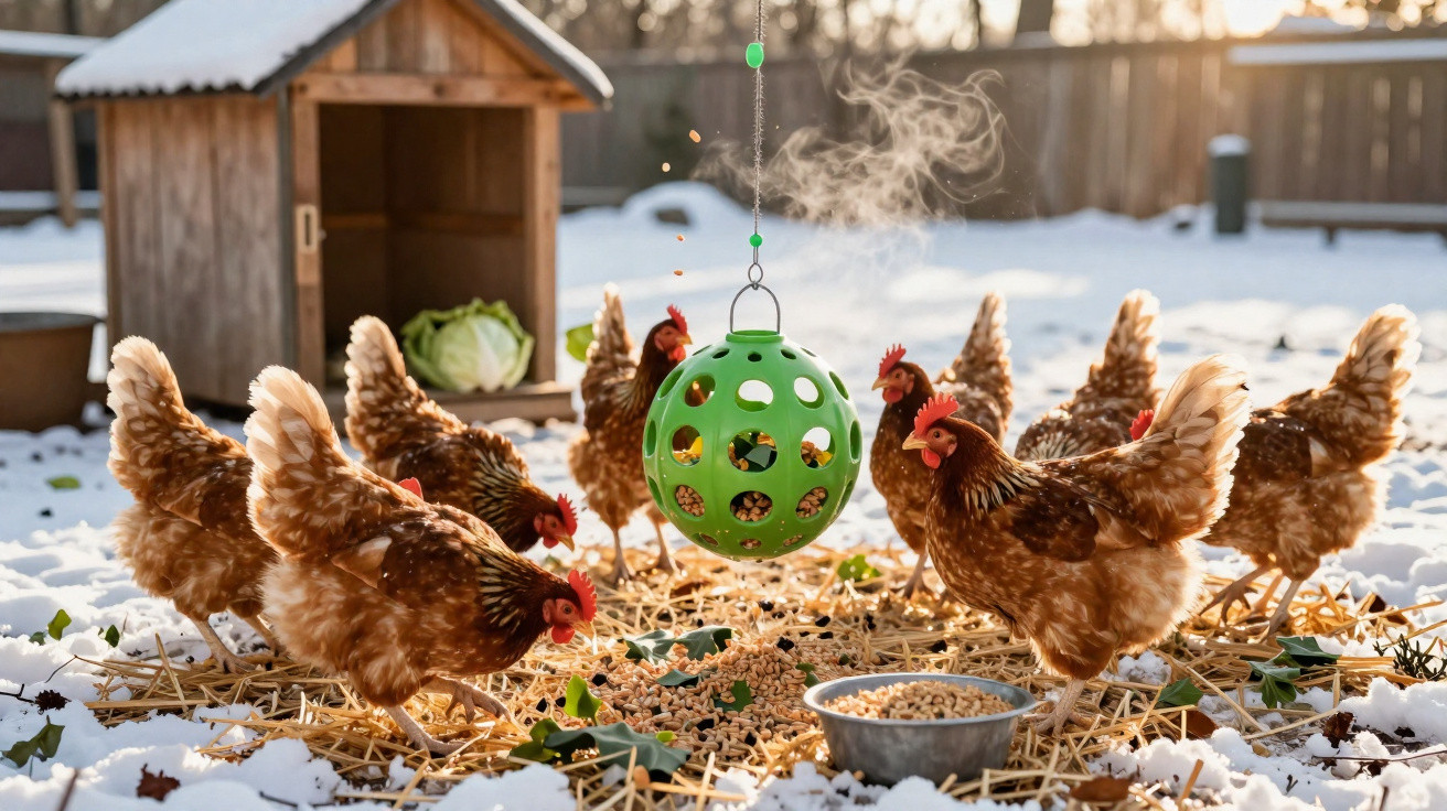 Galinha a comer junto a uma bola verde de alimentação suspensa numa área com neve e palha.
