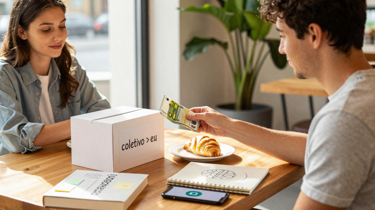 Duas pessoas sentadas à mesa com caixa "coletivo > eu", dinheiro e croissant em ambiente iluminado.