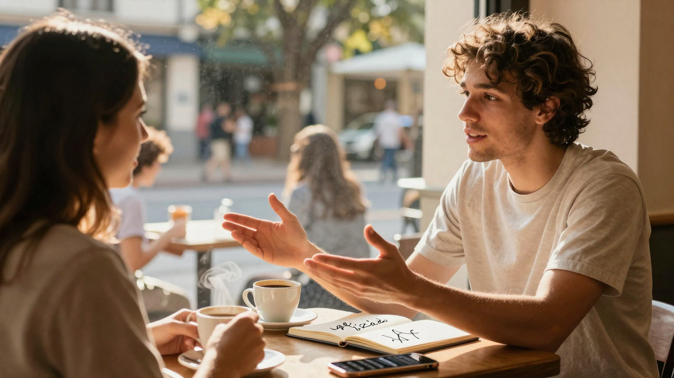 Jovens a conversar num café, com chá e café, e um caderno aberto na mesa.