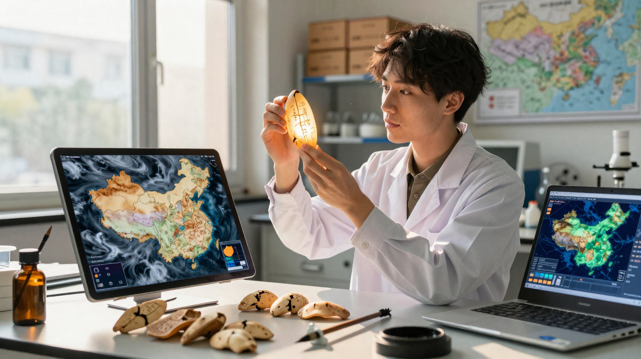 Cientista a examinar instrumento com mapas de clima e pedaços de ocarinas numa mesa de laboratório.