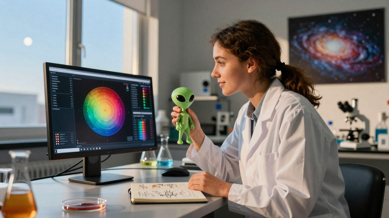 Mulher cientista em laboratório, vestida com bata branca, segurando boneco de alienígena junto a computador e anotações.