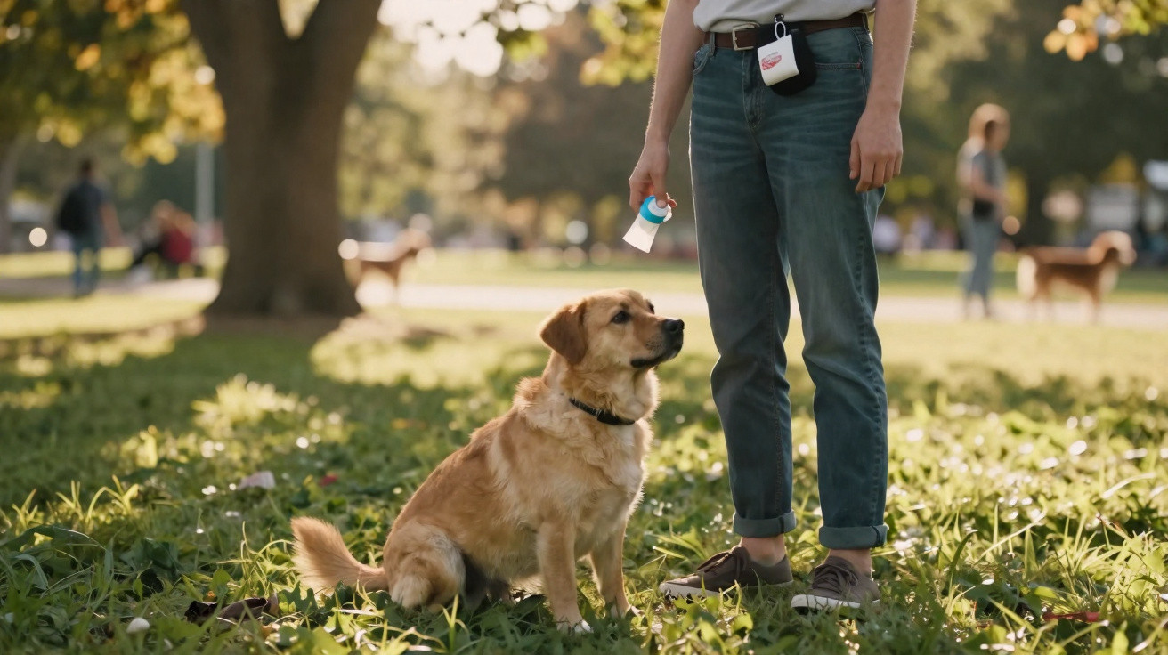 Cão castanho sentado na relva a olhar para pessoa que segura spray, no parque iluminado pelo sol.