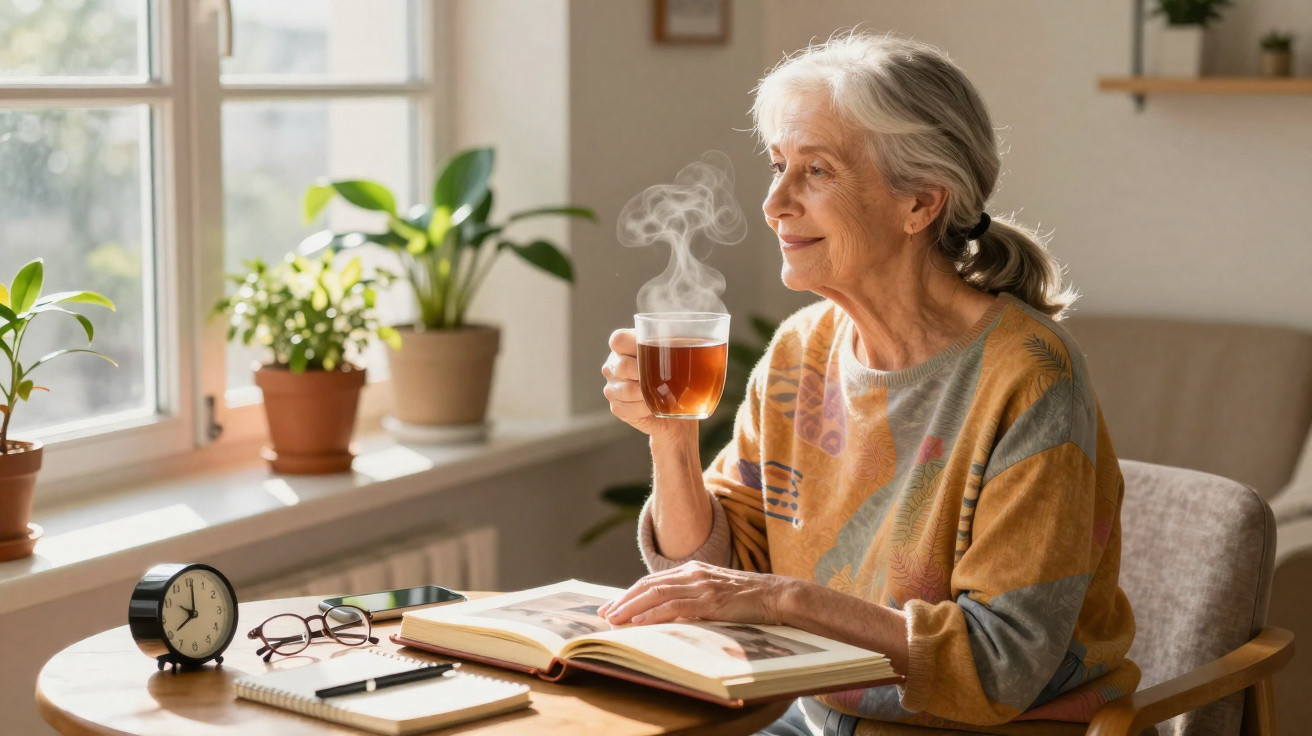 Mulher idosa a sorrir a beber chá quente e a ler livro junto a janela com plantas em vaso.