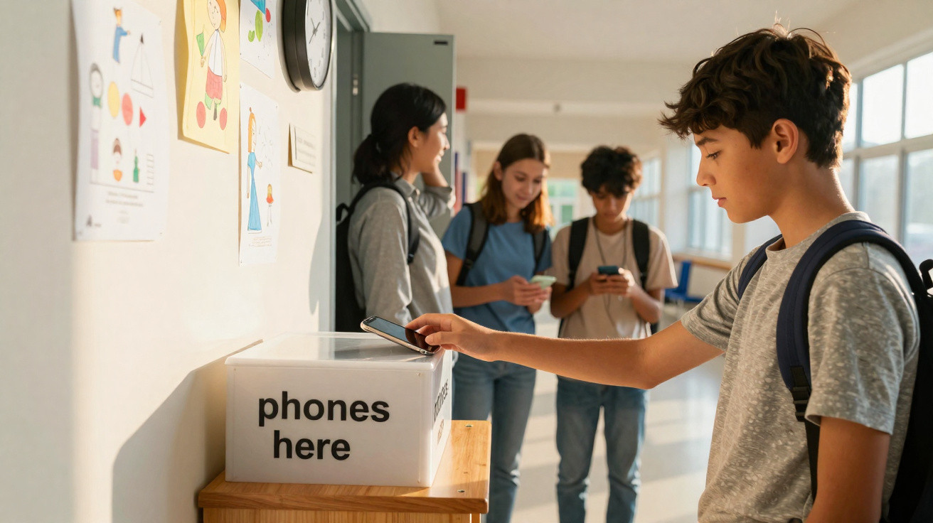 Aluno a guardar telemóvel numa caixa com o texto "phones here" enquanto outros jovens usam os seus dispositivos no corredor d
