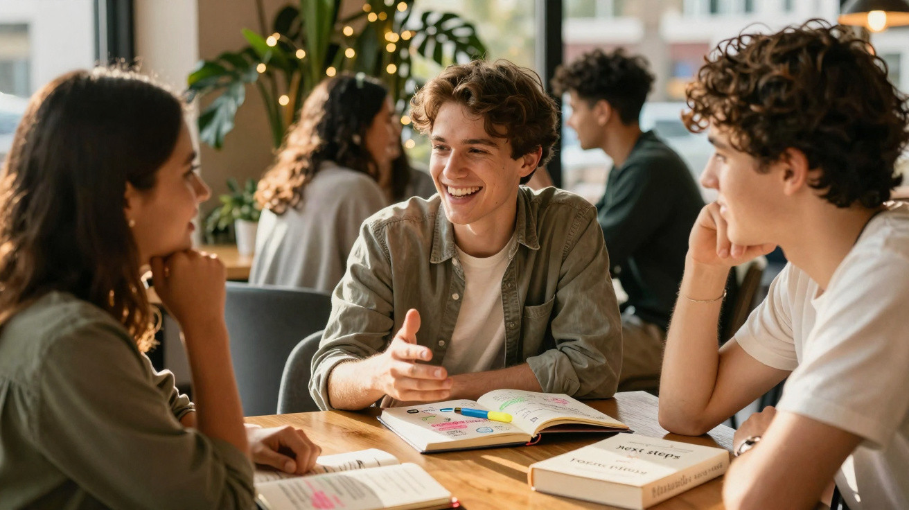 Jovens a estudar juntos à mesa, a conversar e sorrir num ambiente acolhedor e informal.