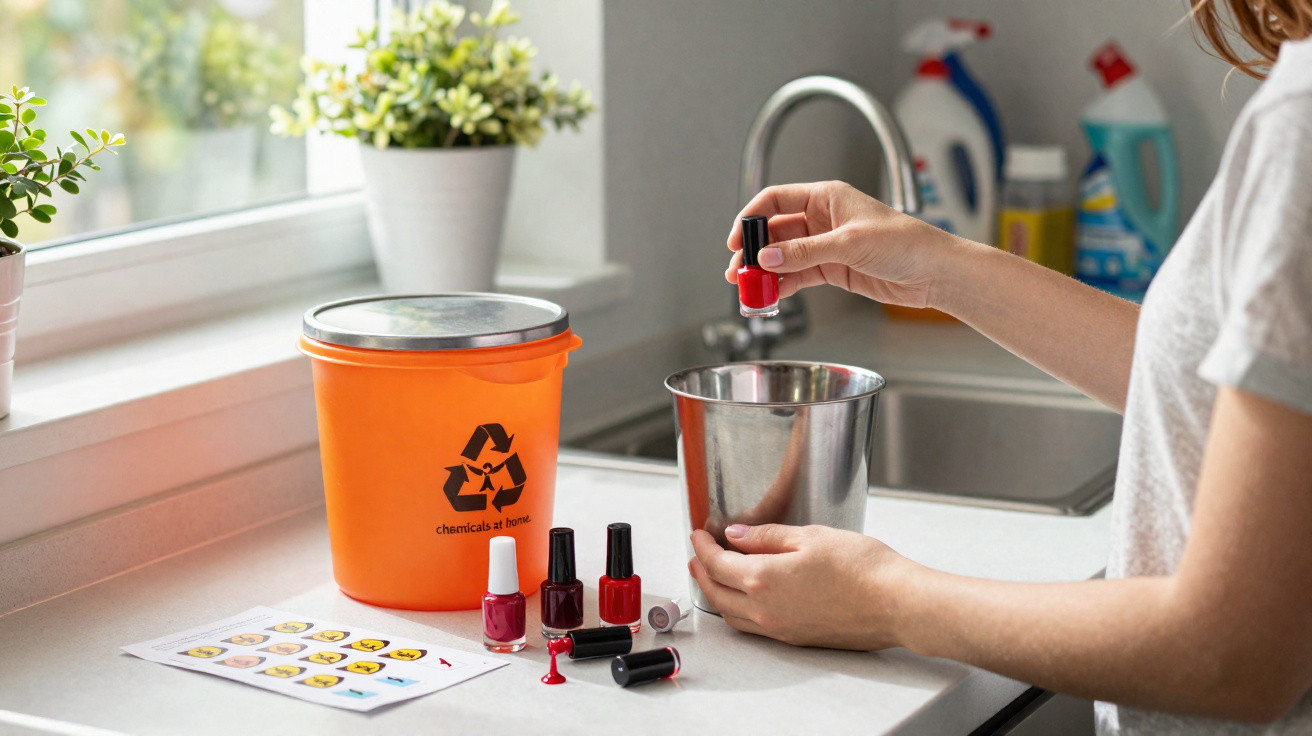 Pessoa a descartar vernizes de unha num recipiente metálico, ao lado de caixote de reciclagem laranja.