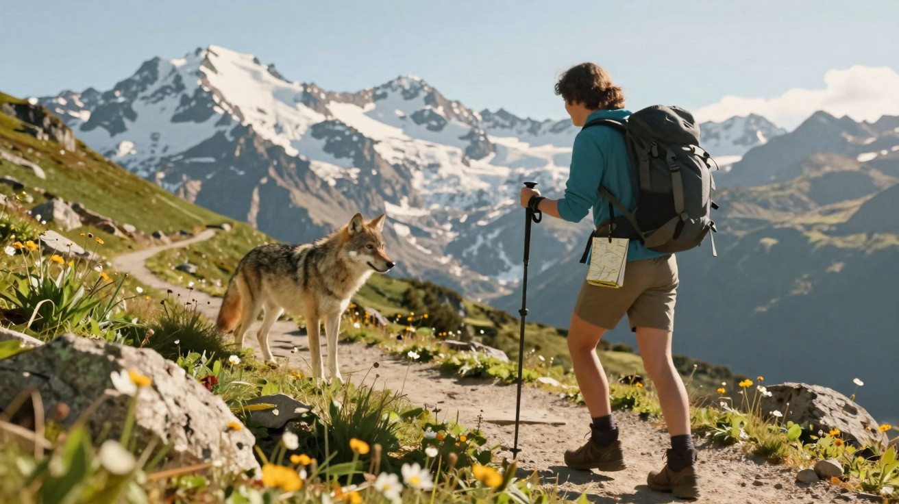 Caminhante com mochila e bastões observa lobo num trilho de montanha com flores e picos nevados ao fundo.